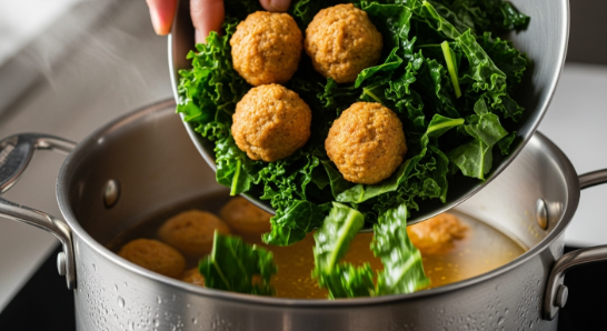 Finishing Italian Wedding Soup with Fall Vegetables with greens and meatballs