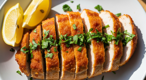 Juicy air fryer chicken breast with herbs sliced on a plate