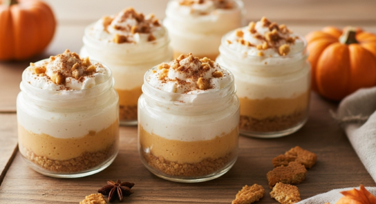 No-Bake Pumpkin Spice Cheesecake Cups with whipped cream and graham crust