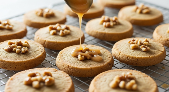 drizzling maple glaze on walnut shortbread cookies