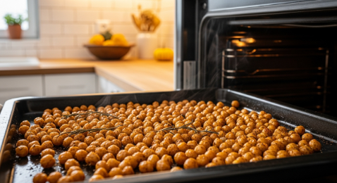 Cinnamon roasted chickpeas on a baking sheet in a modern kitchen