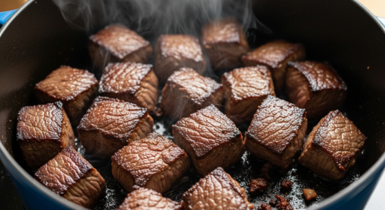 Searing beef in a Dutch oven for Beef and Vegetable Stew