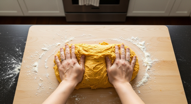 Soft orange-tinted pumpkin dough being kneaded on a floured surface in a modern kitchen first step to fluffy pumpkin cinnamon rolls with tender crumb.