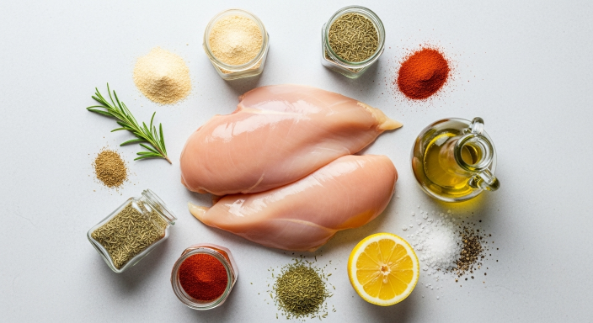 Ingredients for air fryer chicken breast with herbs arranged neatly