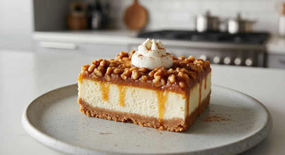 Maple walnut sweet potato cheesecake bars served on matte stoneware with whipped cream and cinnamon dusting, glossy walnut-maple glaze, modern kitchen background