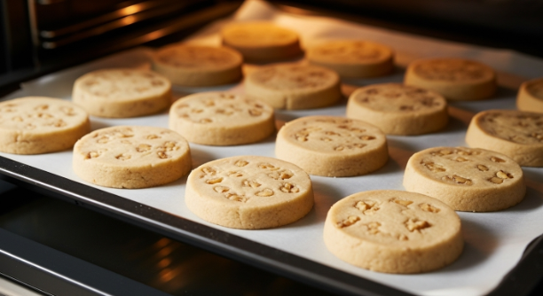 sliced maple walnut shortbread rounds on baking tray