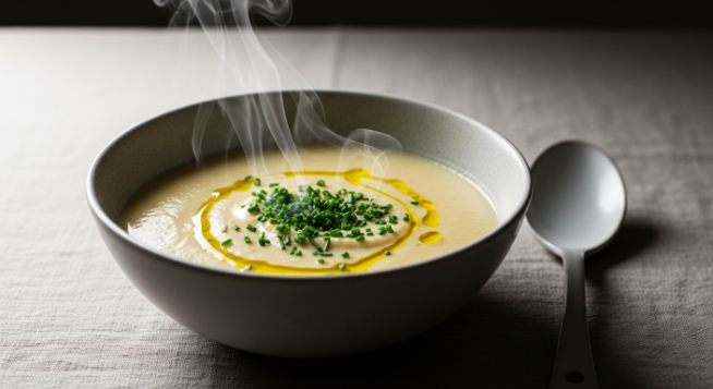 Bowl of creamy cauliflower and leek soup with chives and olive oil