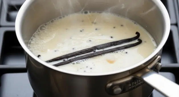 Heating vanilla cream for Vanilla Bean Panna Cotta with Cranberry Compote