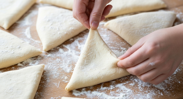 Dough shaped into witch hat triangles with a brim strip