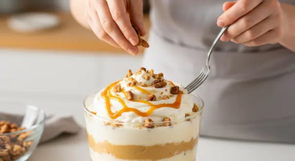 finishing pumpkin spice trifle with gingersnap layers with pecans and crumbs