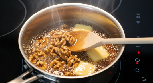 Maple walnut topping for Sweet Potato Cheesecake Bars bubbling in saucepan