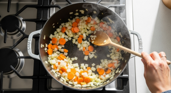 Onions and carrots sautéing for Moroccan Lentil and Pumpkin Stew