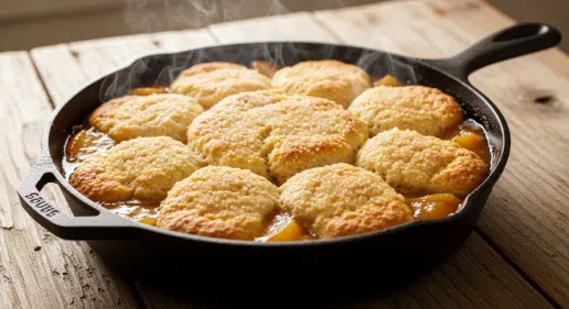 Rustic Pear Ginger Cobbler with golden biscuit topping in a cast-iron skillet