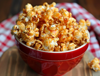 Fall snacks caramel popcorn in a red bowl with checkered napkin