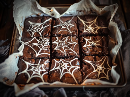 Stunning Spider Web Brownies baked and decorated for Halloween.
