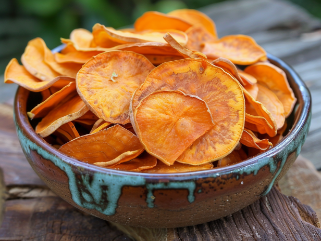 Fall snacks crispy sweet potato chips in a rustic bowl