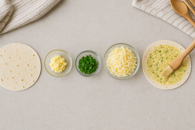Ingredients laid out for making air fryer tortilla garlic bread