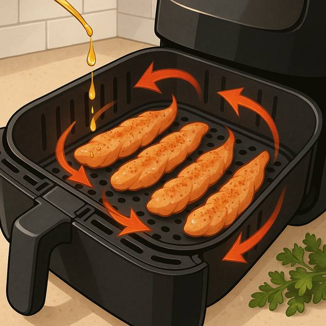 Chicken tenders cooking in the air fryer basket