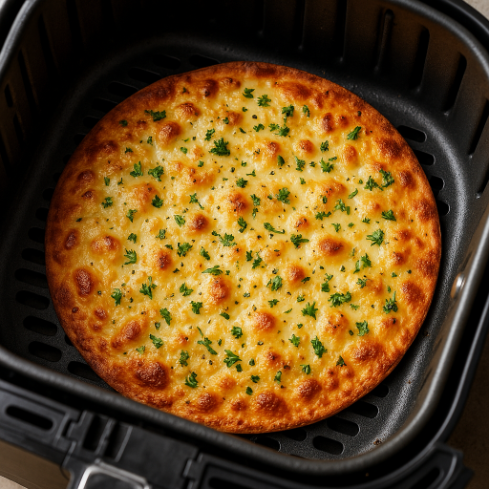 Air fryer tortilla garlic bread with melted cheese and fresh herbs