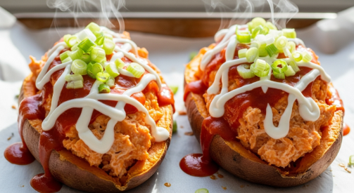 Buffalo chicken stuffed sweet potatoes with ranch drizzle