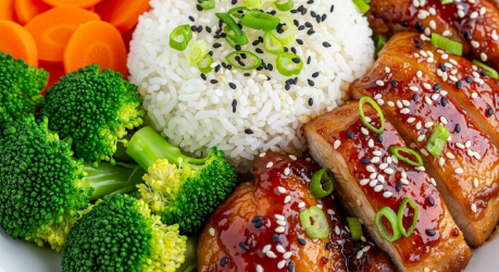Air fryer teriyaki chicken bowl with rice, veggies, and sesame seeds.