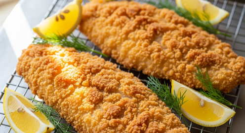 Crispy air fryer cod fillets on a rack with lemon and dill