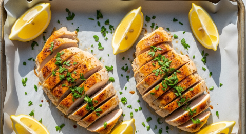 Sliced 5-Ingredient Baked Chicken Breast on a sheet pan