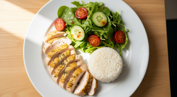 Plated baked chicken breast with salad and rice