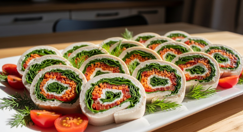 Cream cheese pinwheels with veggies and turkey on a platter.