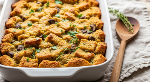 Vegetarian mushroom and herb stuffing in a white casserole