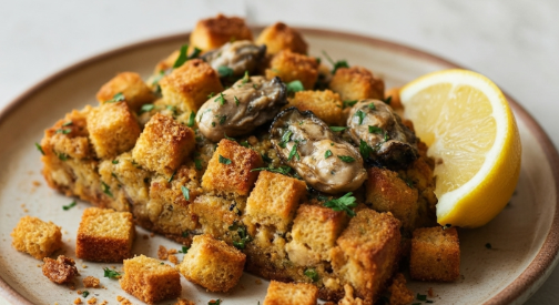 Plated slice of traditional oyster stuffing