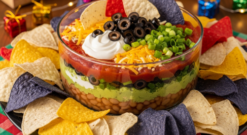 7-layer dip with guacamole, salsa, and cheese in glass dish.