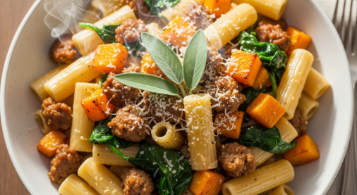 Bowl of Easy Sausage and Butternut Squash Pasta with Parmesan