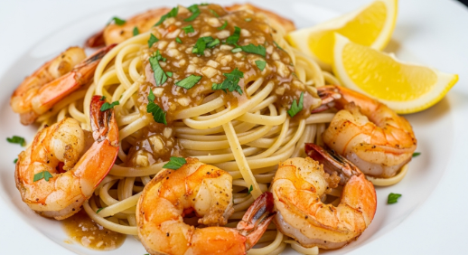 Air fryer shrimp scampi served over linguine with lemon and parsley