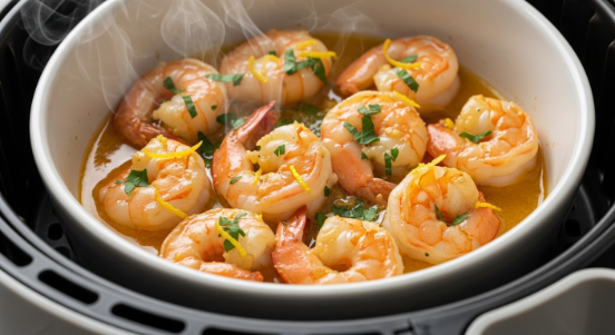 Air fryer shrimp scampi in pan insert with lemon-garlic butter and parsley