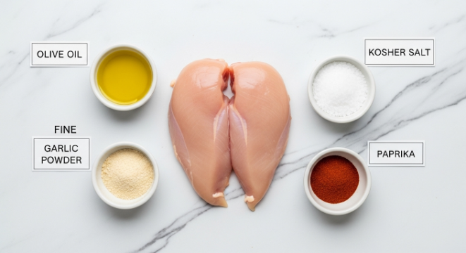 Flat lay of five simple ingredients for baked chicken breast