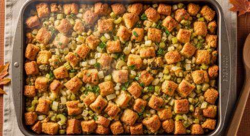 Make-ahead Thanksgiving stuffing with crispy top in a 9×13 pan