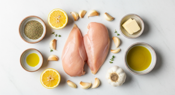 Ingredients for lemon herb chicken breast on marble