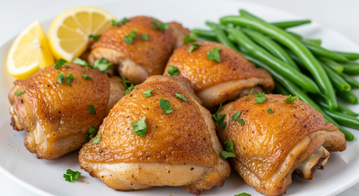 Plated golden air fryer chicken thighs with sides