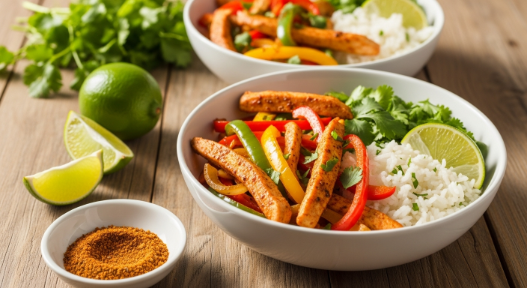 Finished air fryer chicken fajita bowls with toppings and lime