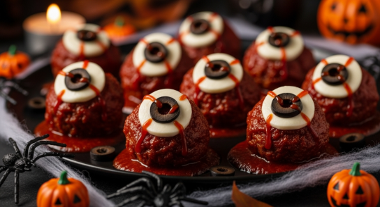 Halloween meatball eyeballs appetizer
