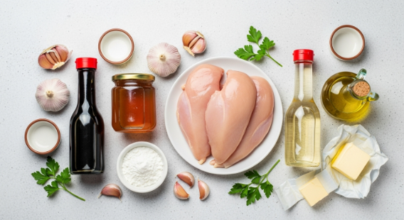 Ingredients for honey garlic chicken on a stone board