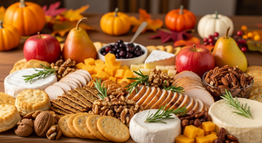 Thanksgiving charcuterie board with fall fruits and cheeses