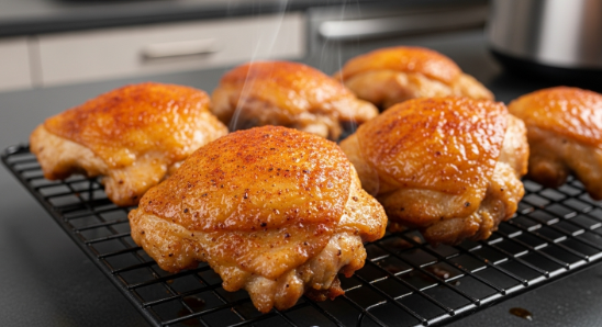 Golden air fryer chicken thighs with crisp skin on a cooling rack