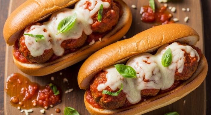 Hearty air fryer meatball subs with marinara and melted cheese