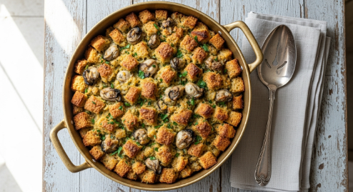 Traditional oyster stuffing baked in a golden casserole
