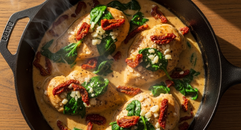 Creamy Tuscan Chicken Skillet with sun-dried tomatoes and spinach