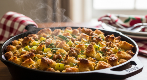 Sausage & Apple Stuffing baked in a skillet with crisp top