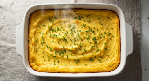 Mashed potato casserole topped with chives in a white baking dish