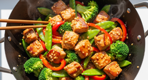 Chicken breast stir fry with broccoli and peppers in a wok